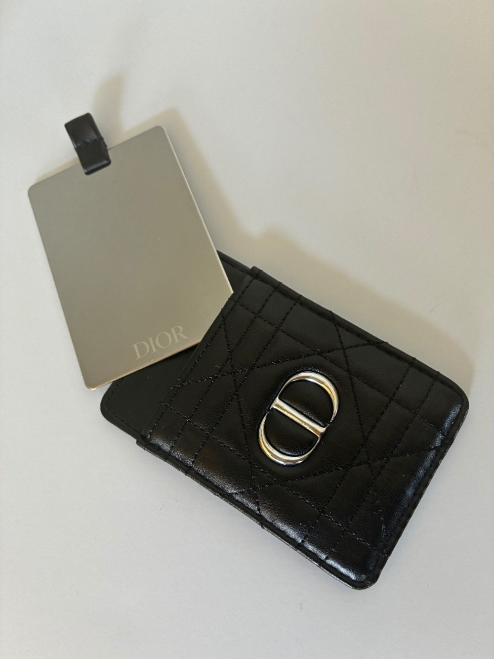 Dior Black Cannage Quilted Phone Back Case Mirror & Card Holder